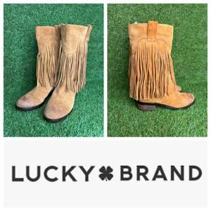 Lucky Brand Caleb Suede Fringe‎ Mid‑Calf Boots Pull‑On Boho Western Size 6.5M